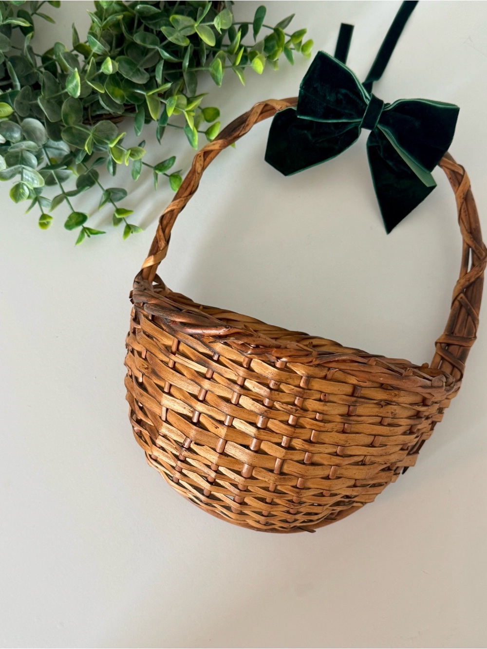 Vintage Woven Rattan Basket Purse with Removeable Dark Green Velvet Bow